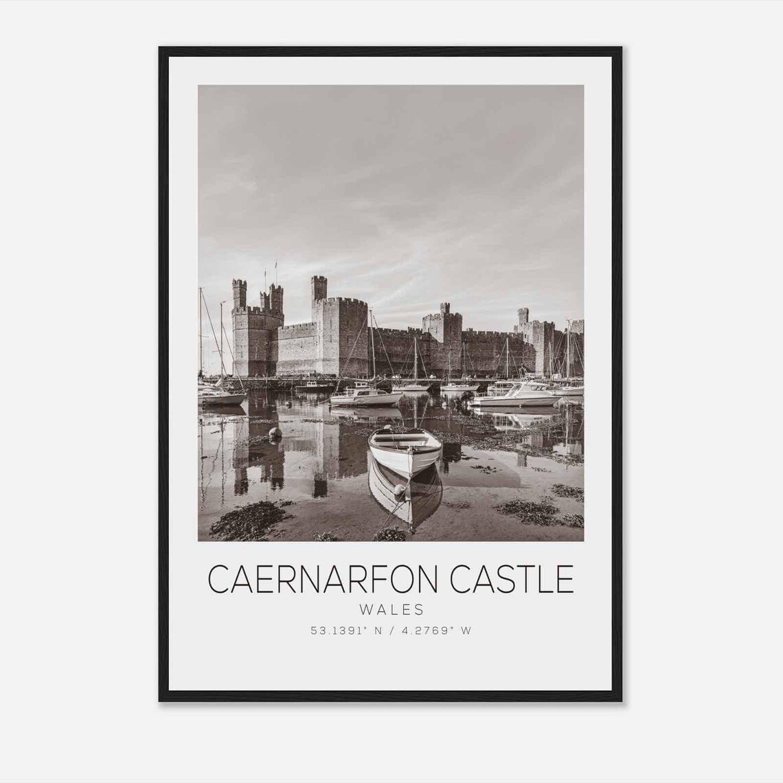 Caernarfon Castle Wales Harbor Boats Black White Photo Poster