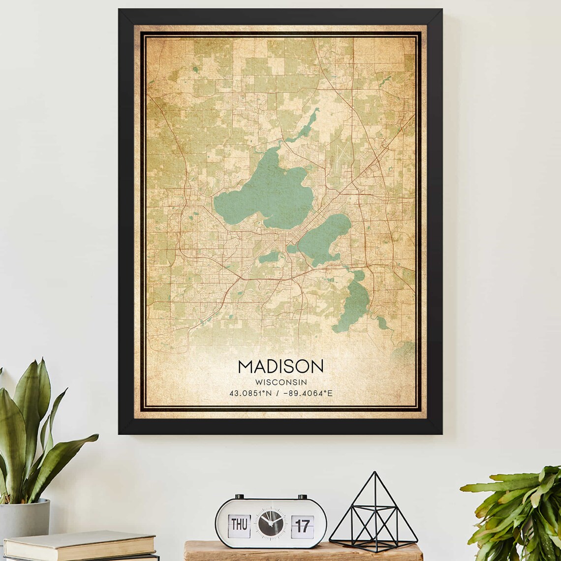Madison Wisconsin Vintage Map Art Print with Coordinates Lakes and City