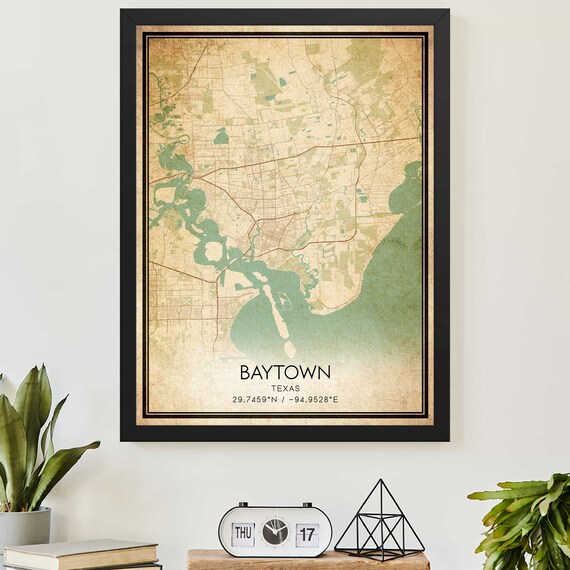 Baytown Texas Vintage City Map Coordinates Hometown Travel Poster