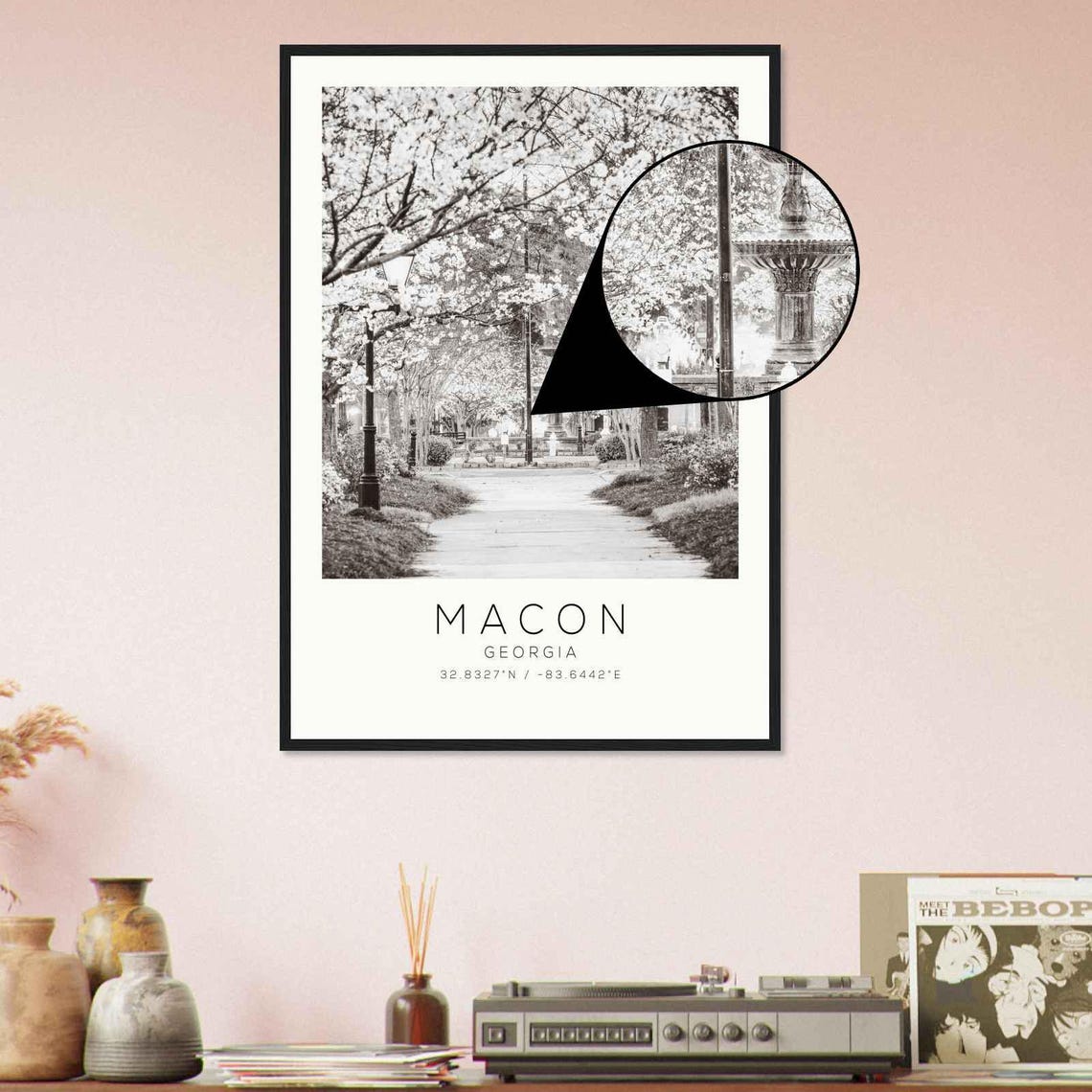 Macon Georgia Cherry Blossom Park Fountain Black And White Poster - Image 4
