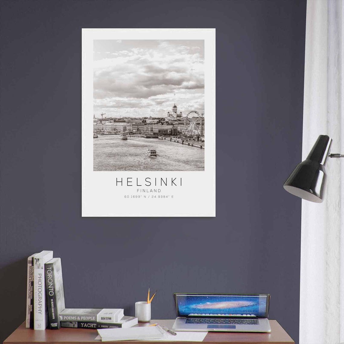 Helsinki Finland Black and White Harbor Ferris Wheel Skyline Poster - Image 3