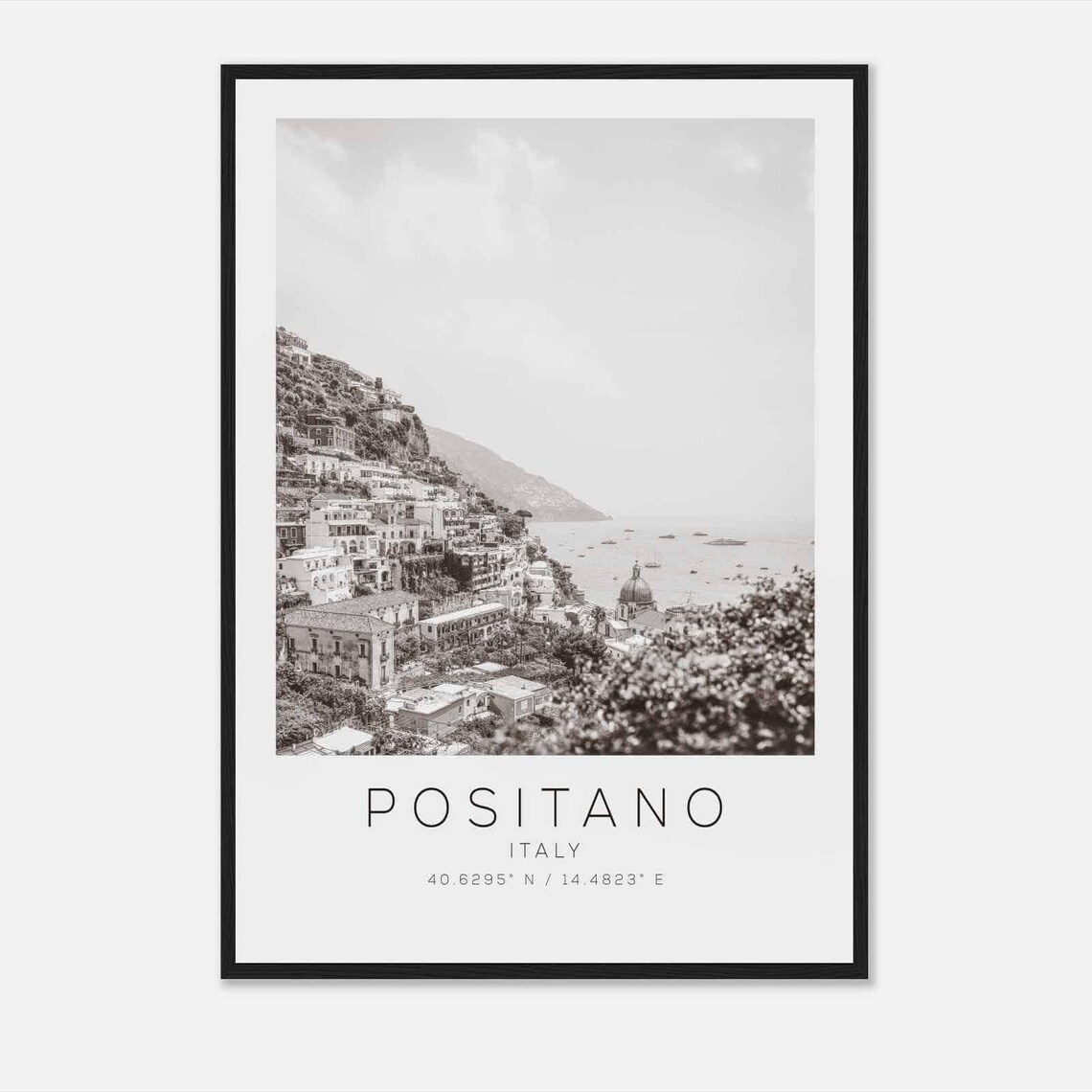 Positano Italy Coastline Village Dome Church Black White Poster