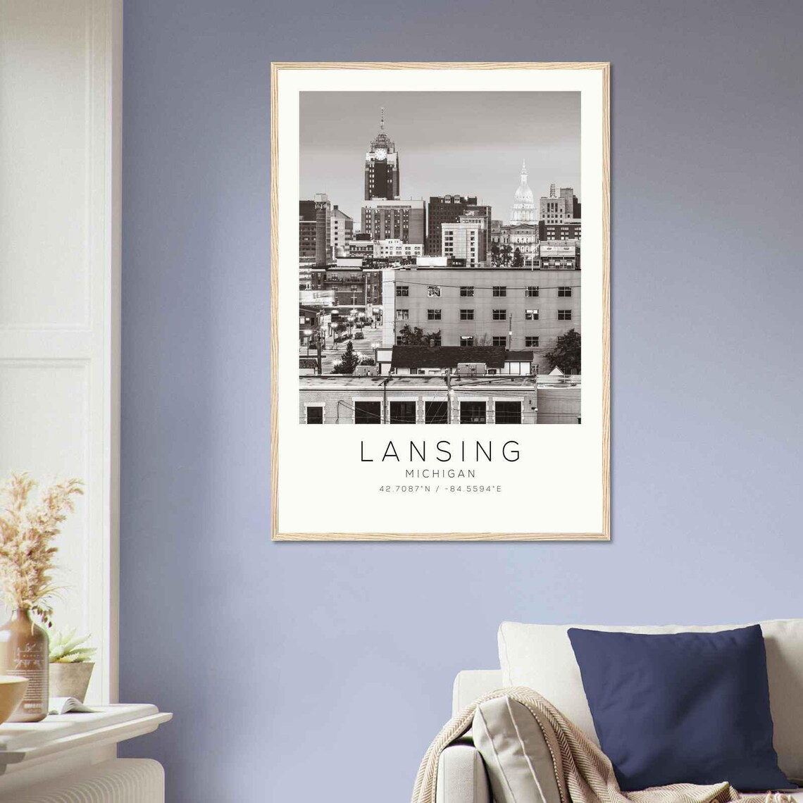 Lansing Michigan Capitol Dome Skyline Black White Photo Poster - Image 2