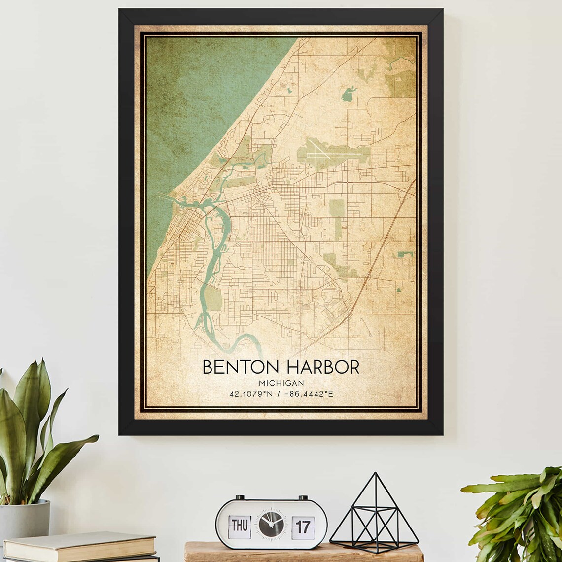 Vintage Benton Harbor Michigan City Map Poster Decor Gift Vintage Style