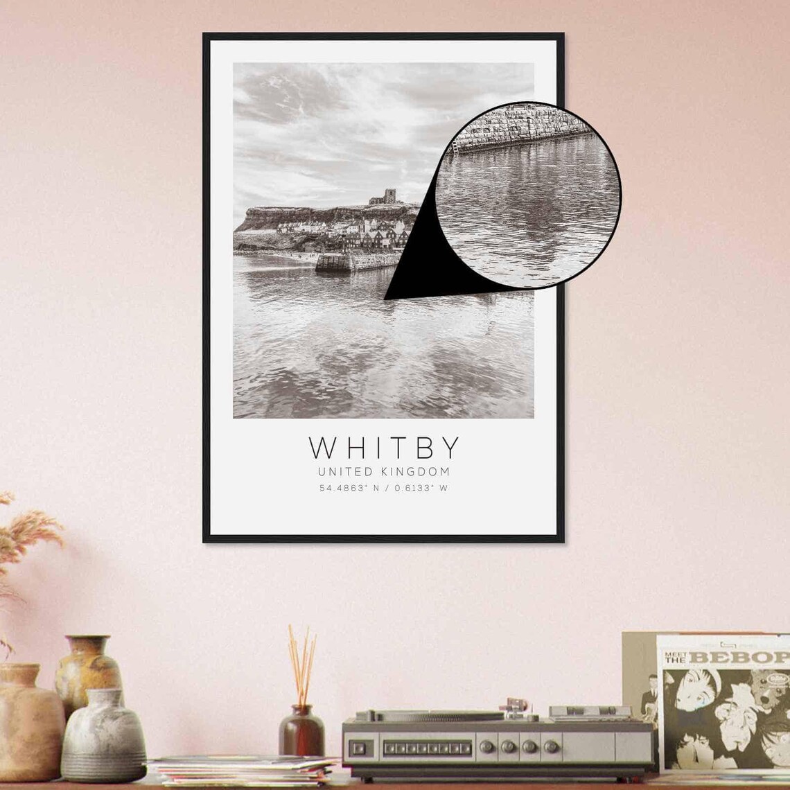 Whitby United Kingdom Harbor and Abbey Black and White Poster - Image 4