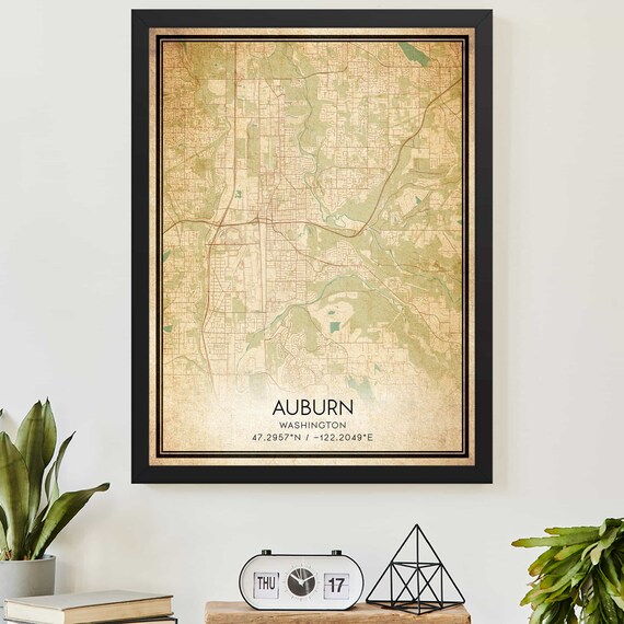 Vintage Auburn Washington Street Map Poster with Coordinates