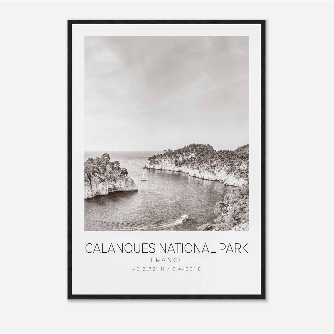 Calanques National Park France Black White Coastal Cliffs Poster