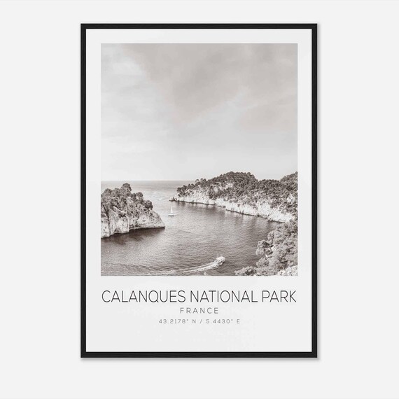 Calanques National Park France Black White Coastal Cliffs Poster