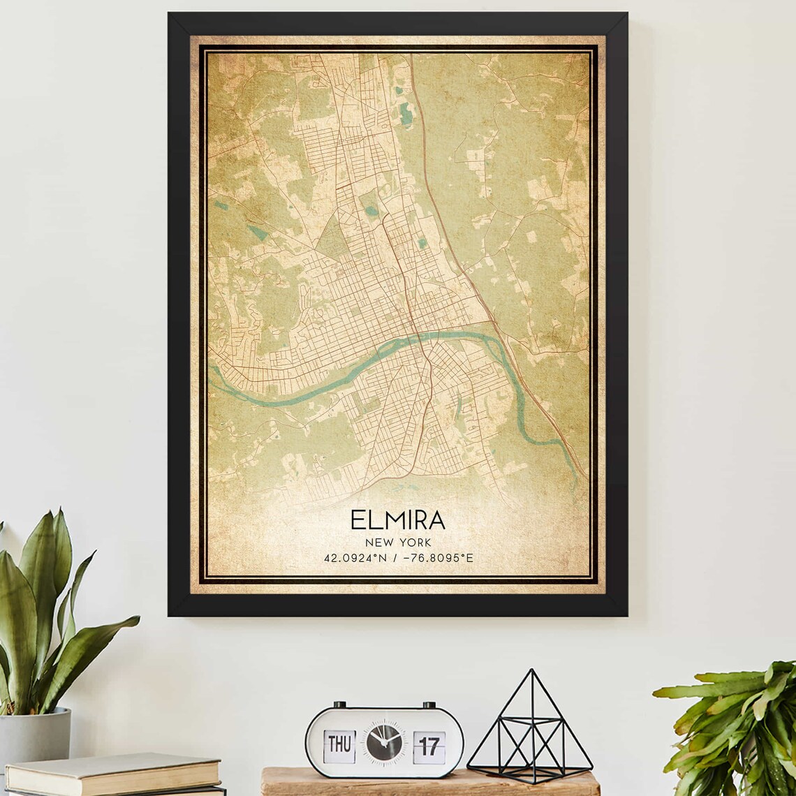 Elmira New York Vintage Street Map Coordinates Travel Poster