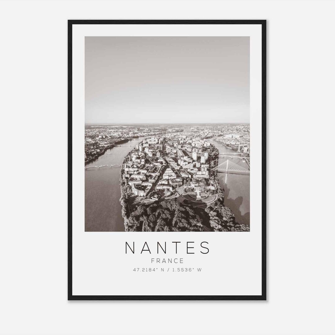 Nantes France Cityscape River Island Aerial Black White Photo Poster