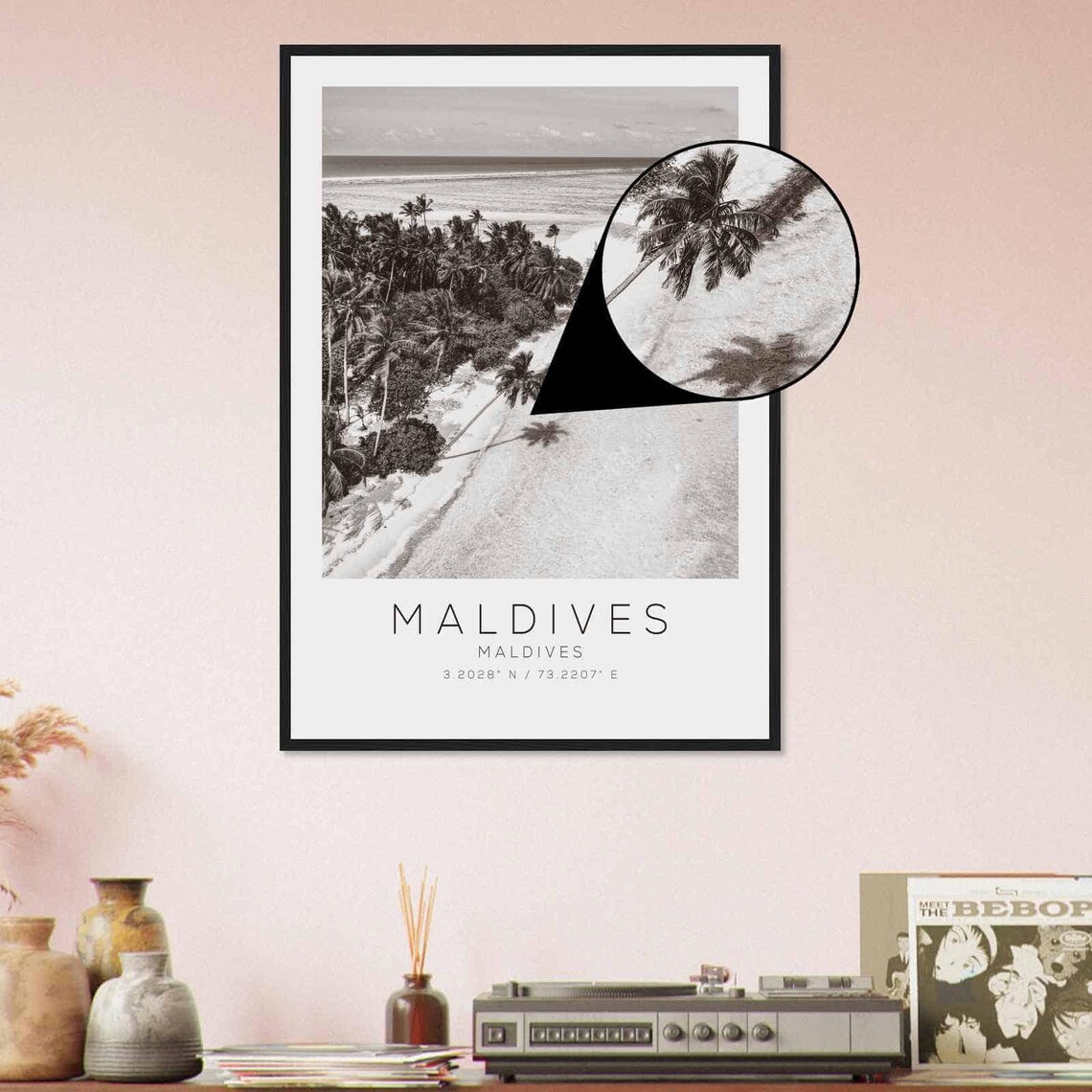 Maldives Tropical Palm Island Aerial Black and White Photo Poster - Image 4