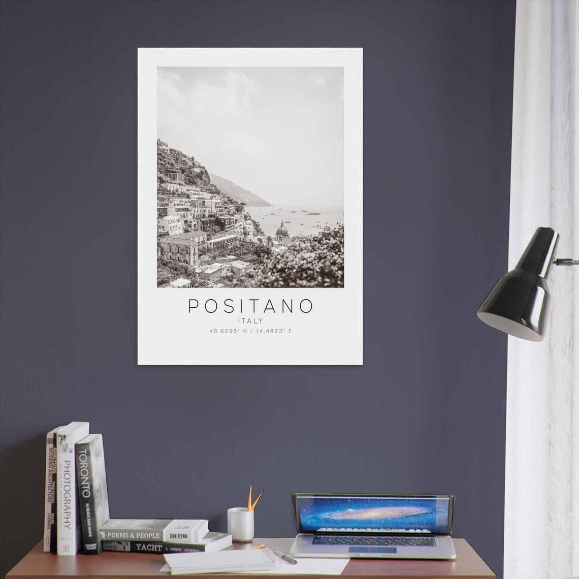 Positano Italy Coastline Village Dome Church Black White Poster - Image 3