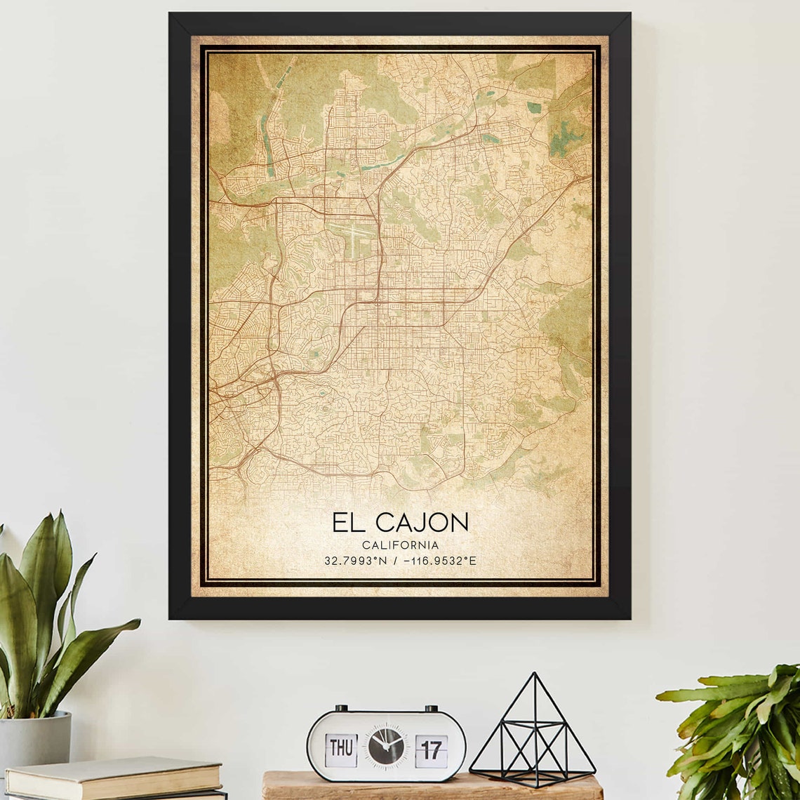 Vintage El Cajon California City Street Map Coordinate Art Poster