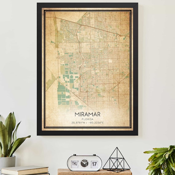 Vintage Miramar Florida City Map Art Poster With Coordinates