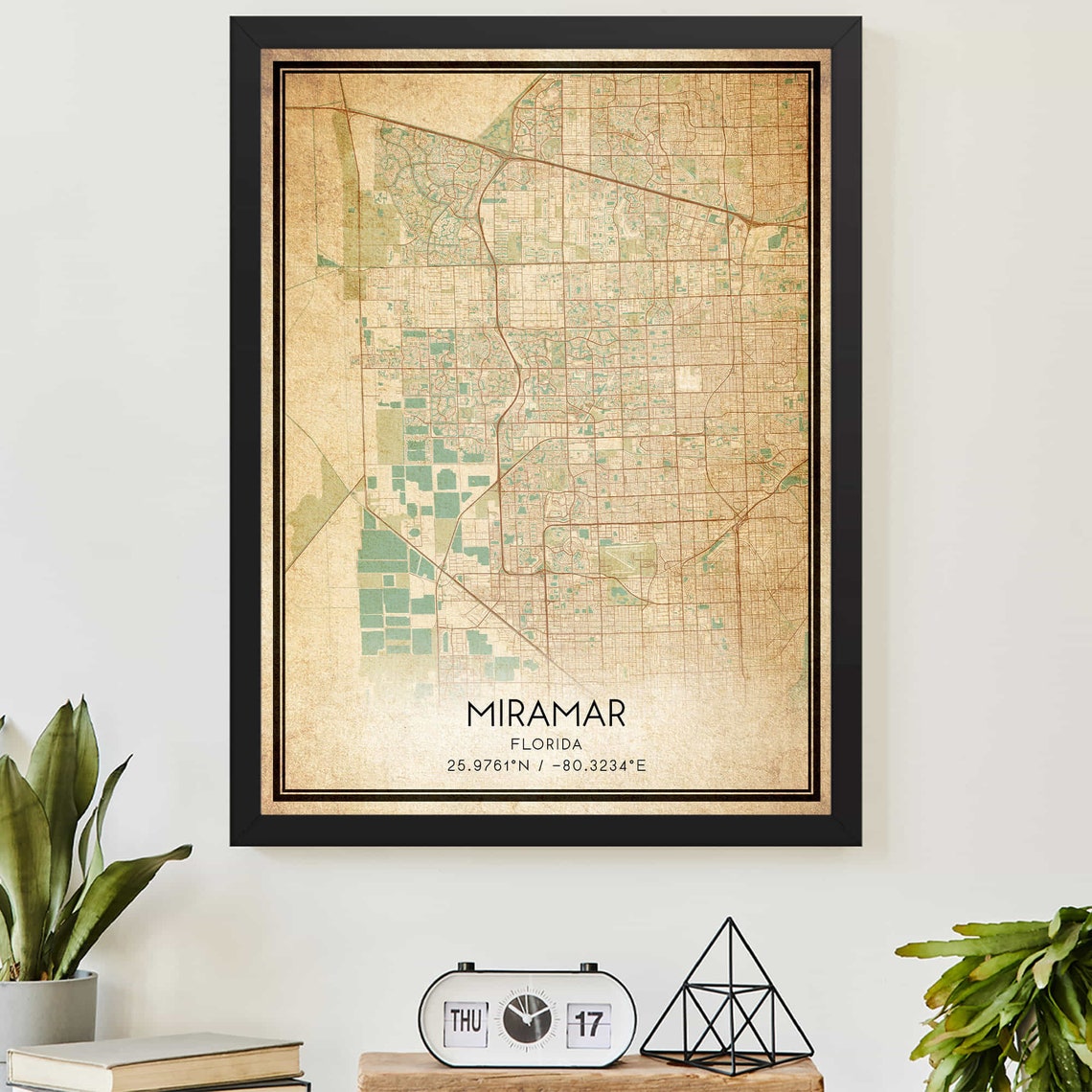 Vintage Miramar Florida City Map Art Poster With Coordinates