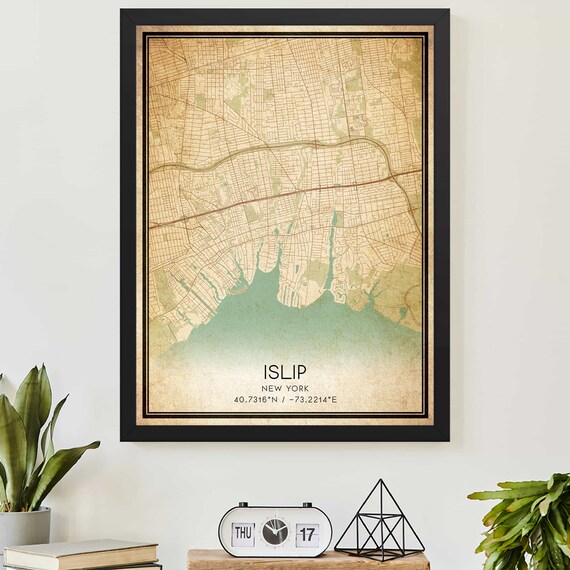 Vintage Islip New York Street Map Coordinates Custom Decor Print