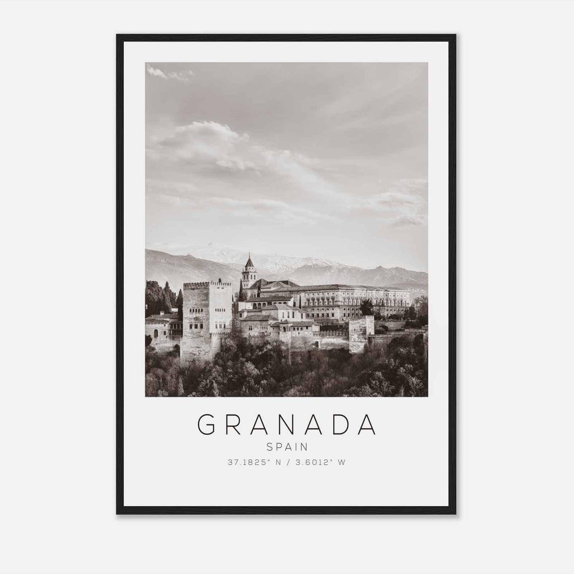 Granada Spain Black and White Alhambra Palace Hilltop View Poster
