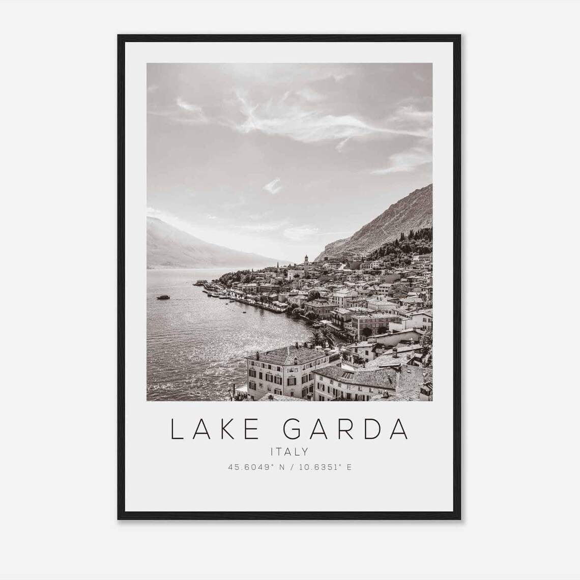 Lake Garda Italy Black White Lakeside Town Mountain Lake Poster