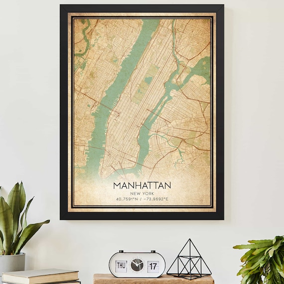 Manhattan New York Vintage Street City Map Coordinates Poster