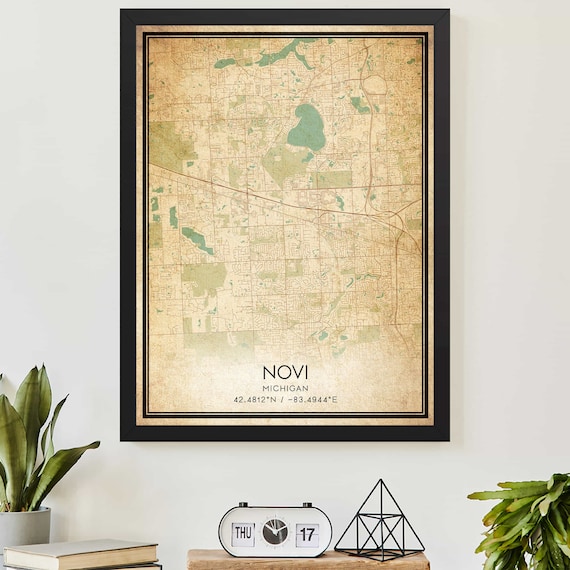Vintage Novi Michigan City Map Poster With Printed Geographic Coordinates