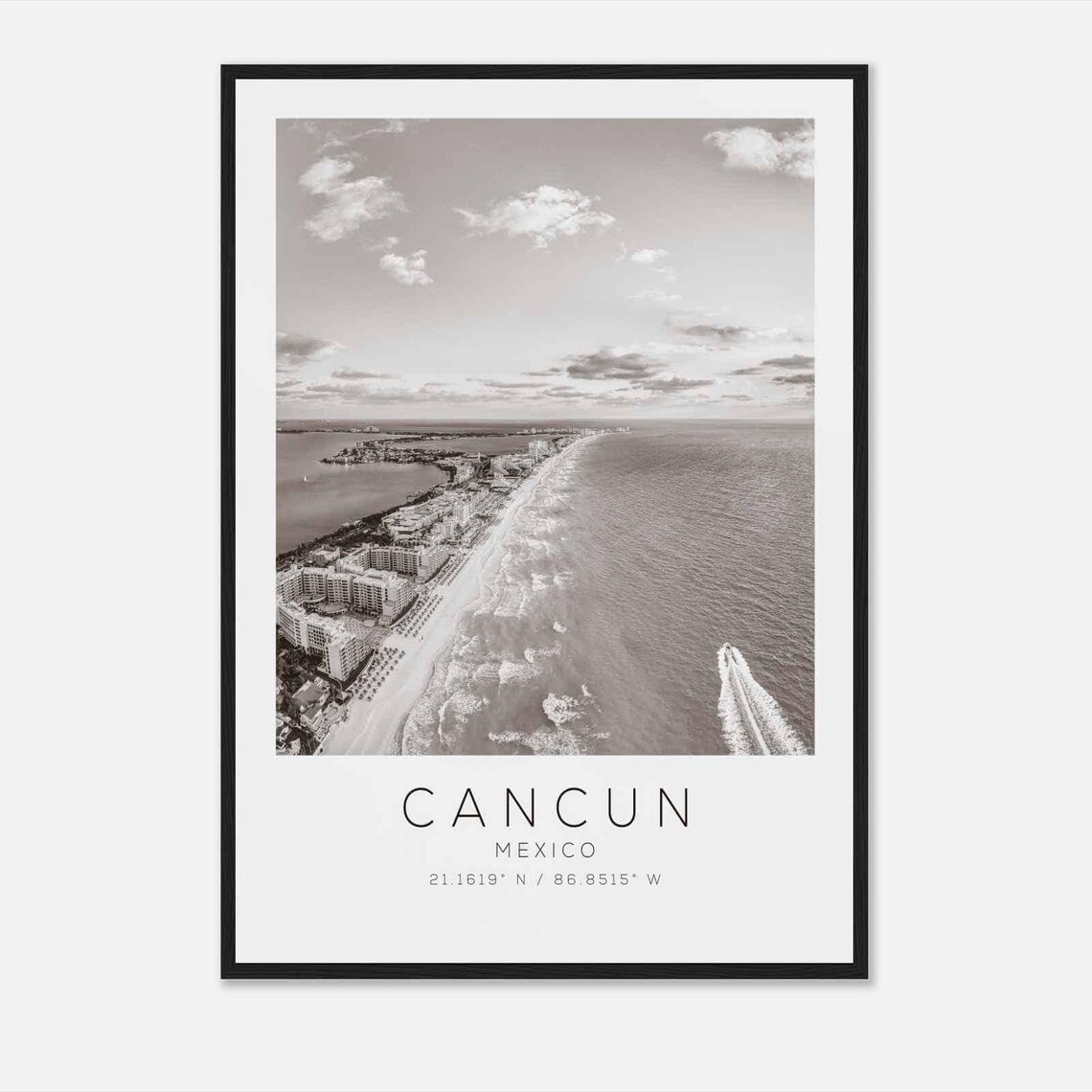 Cancun Mexico Hotel Zone Beach Aerial Black and White Travel Poster
