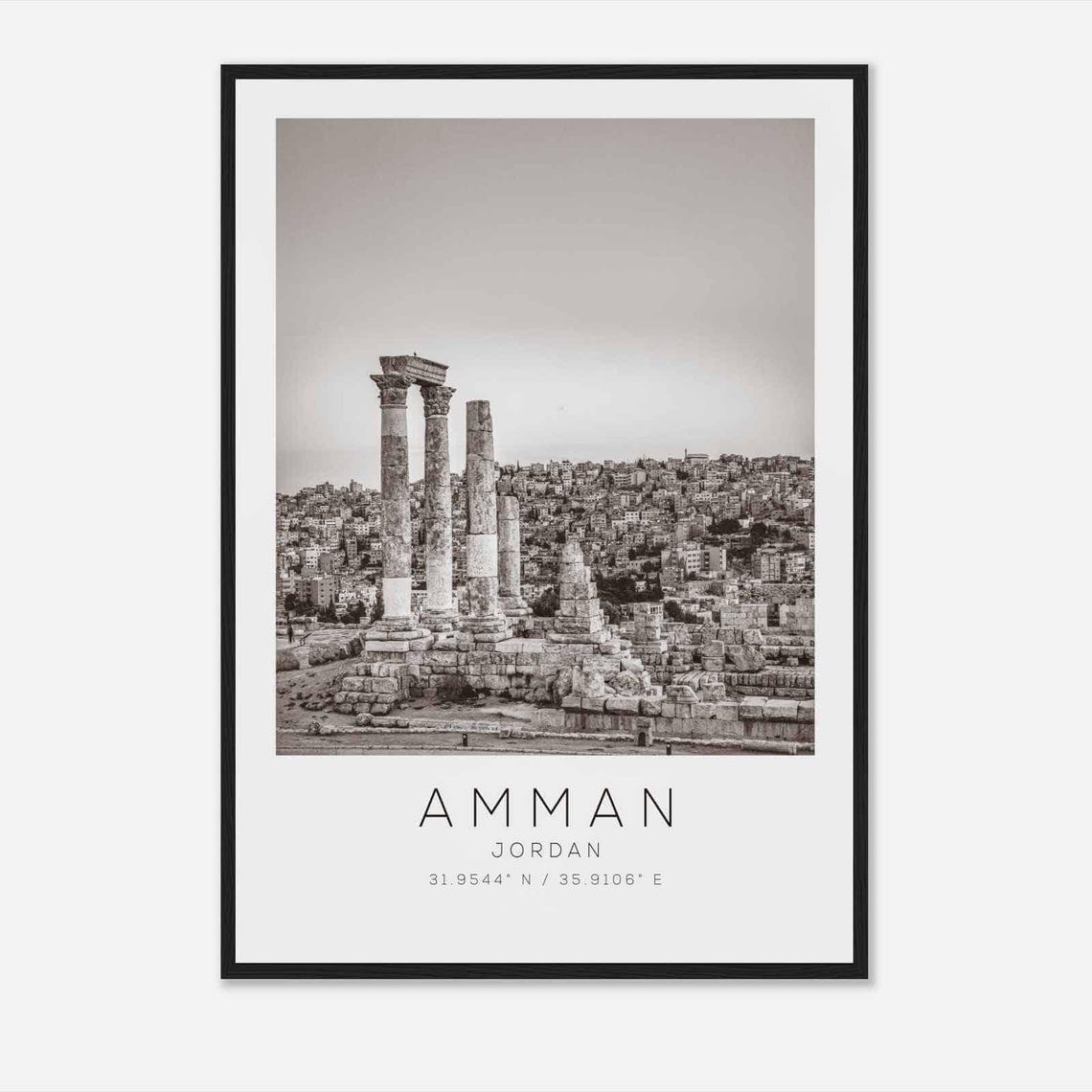 Amman Jordan Ancient Citadel Columns Ruins Black White Photo Poster