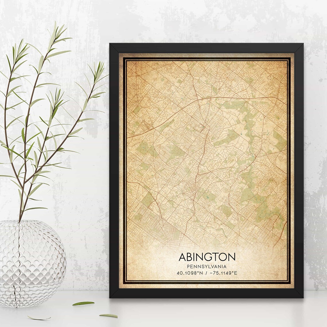 Vintage Abington Pennsylvania City Street Map Coordinates Poster