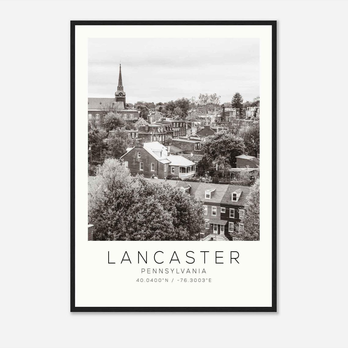 Lancaster Pennsylvania Historic Town Rooftops Black White Photo Poster