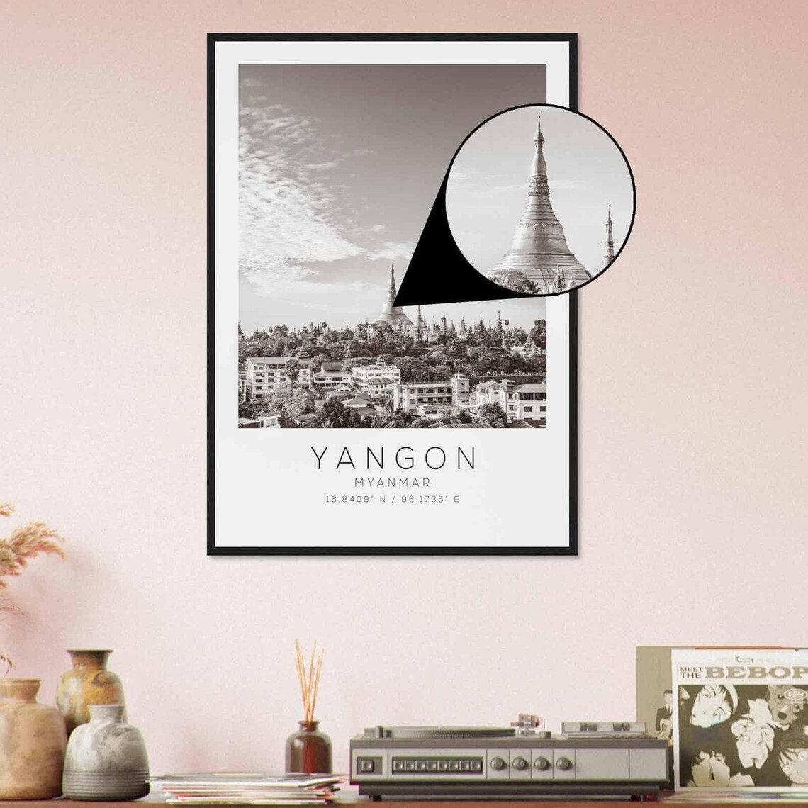 Yangon Myanmar Shwedagon Pagoda City Skyline Black White Poster - Image 4