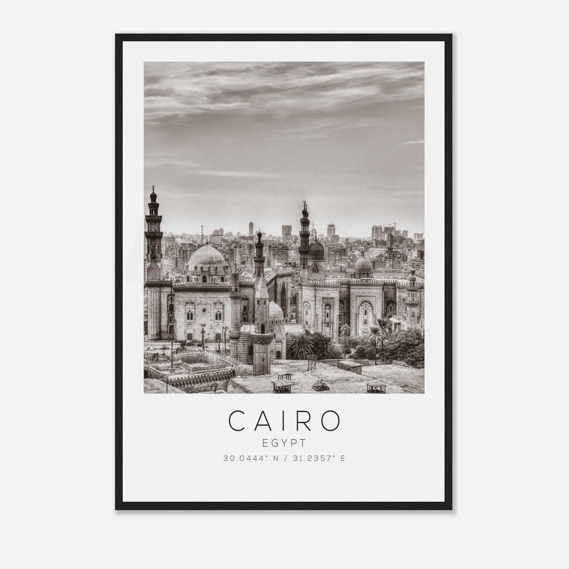 Cairo Egypt Black White Mosque Skyline Minarets Travel Poster
