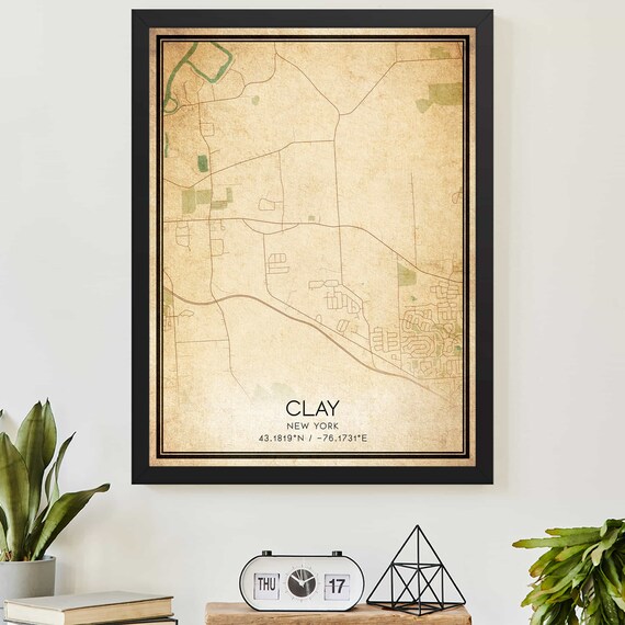 Clay New York Vintage City Map Custom Hometown Wall Decor Print