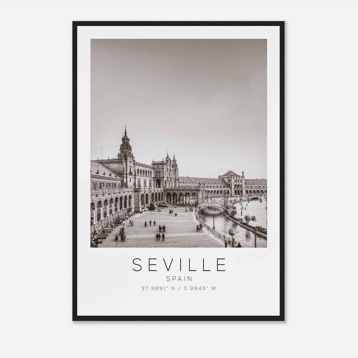 Seville Spain Plaza de Espana Arcade Black and White Travel Poster