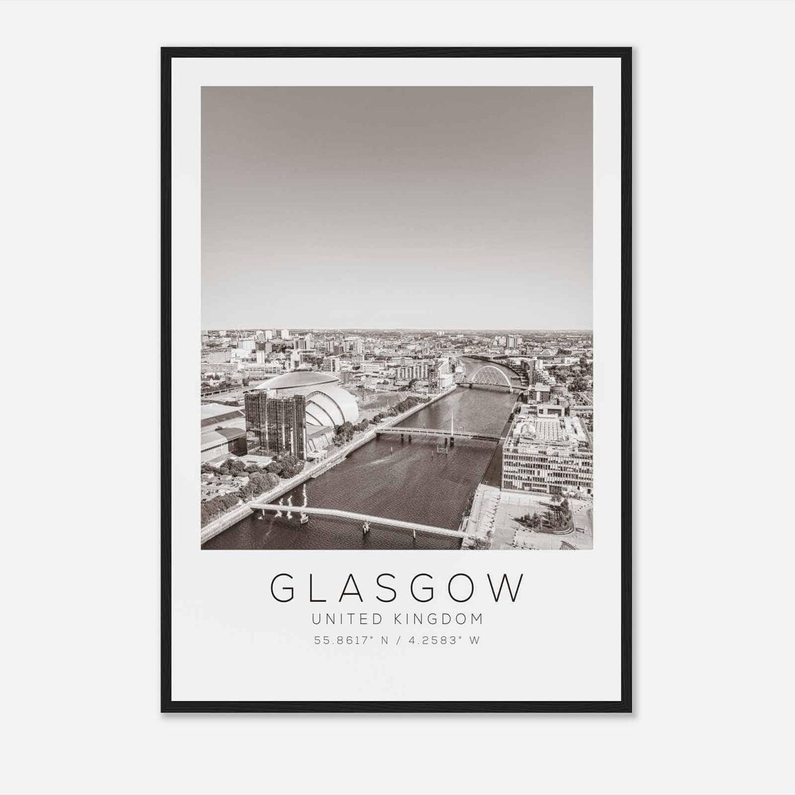 Glasgow United Kingdom Black and White River Clyde Bridges Poster