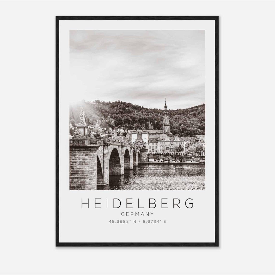 Heidelberg Germany Black and White Old Bridge River View Poster
