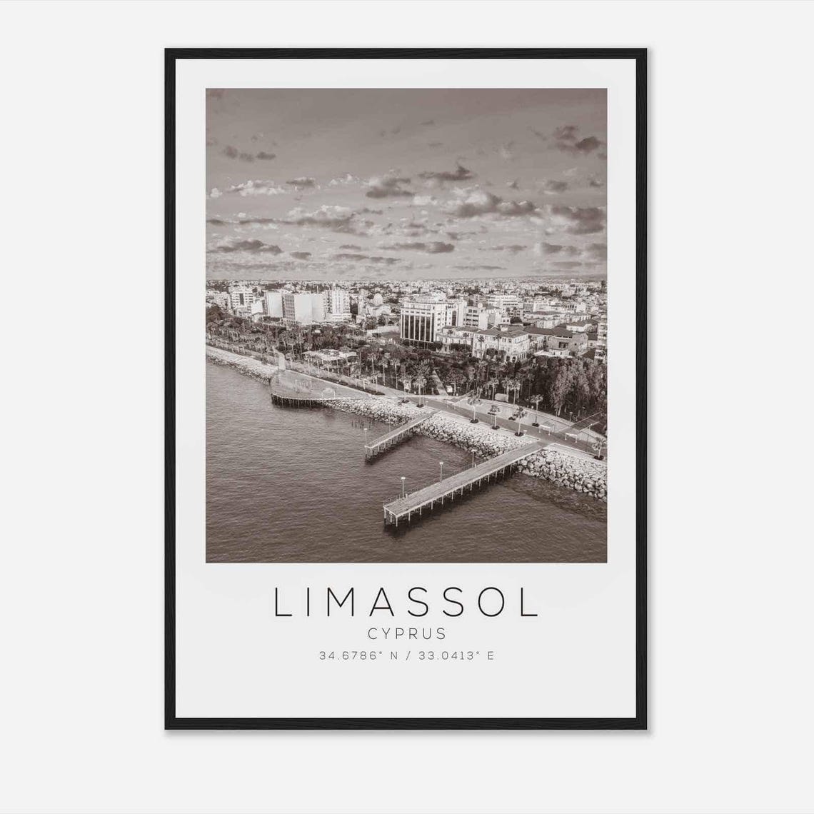 Limassol Cyprus Mediterranean Waterfront Pier Black White Poster
