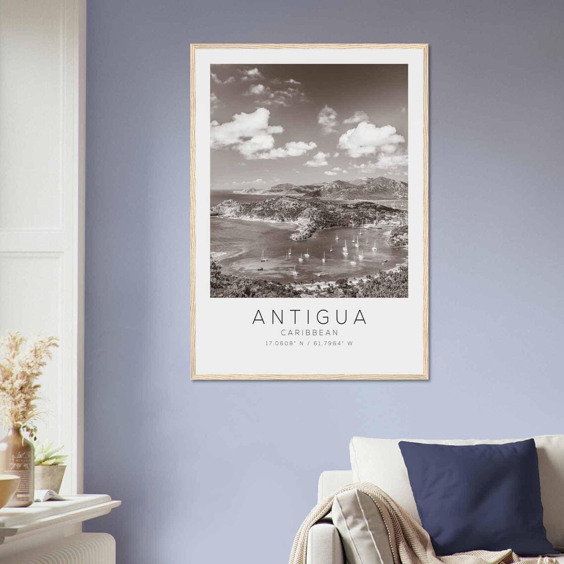 Antigua Caribbean Black White Sailboat Harbor Islands Travel Poster - Image 2