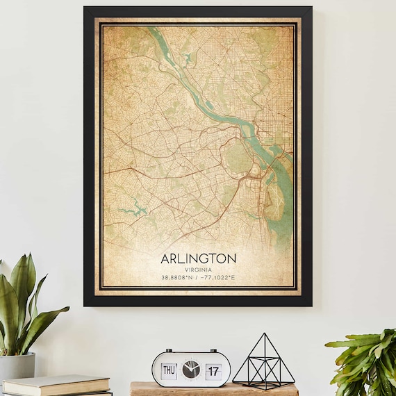 Vintage Arlington Virginia City Map with Coordinates Travel Art Print