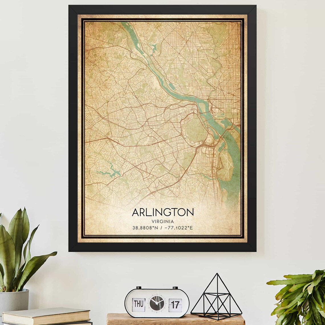 Vintage Arlington Virginia City Map with Coordinates Travel Art Print