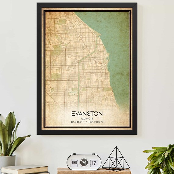 Evanston Illinois Vintage Map Print Custom Hometown Wall Decor