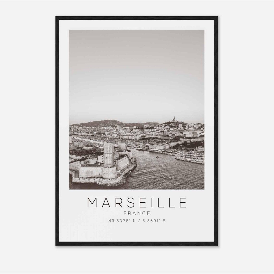 Marseille France Old Port and Fort Black and White Photo Poster