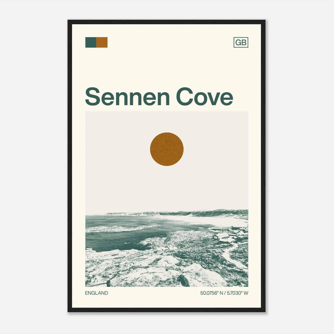 Sennen Cove England Rocky Coastline Bay Sun Duotone Travel Poster