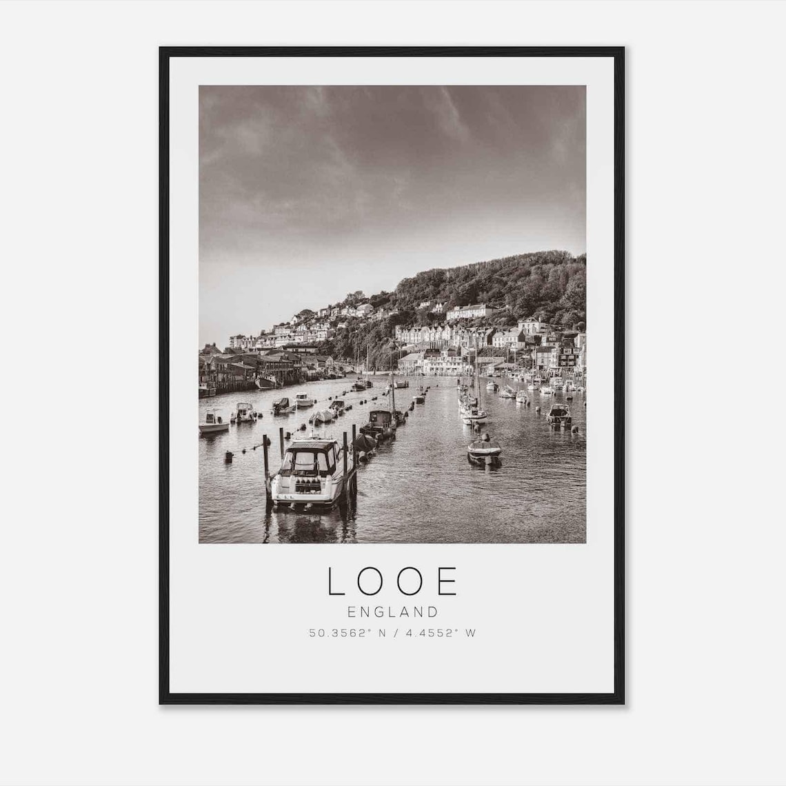 Looe England Coastal Fishing Harbor Boats Black White Photo Poster