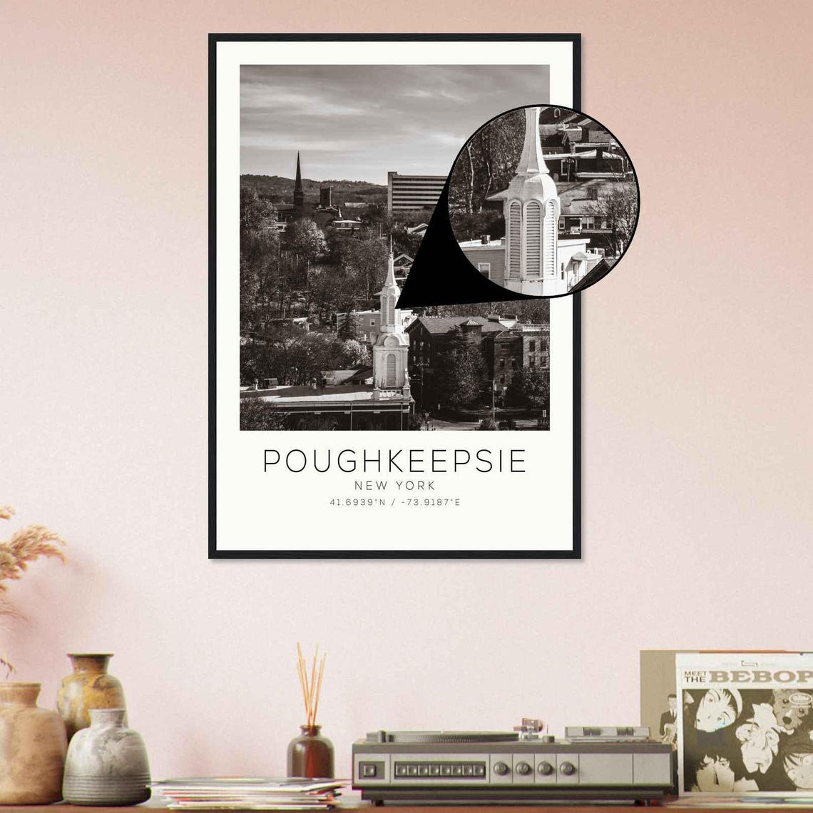 Poughkeepsie New York Church Steeple Skyline Black and White Poster - Image 4
