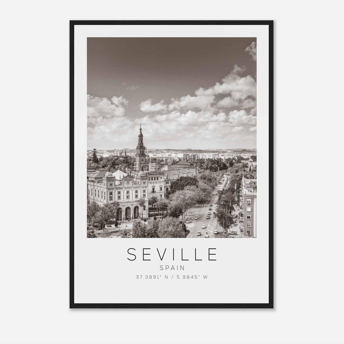 Seville Spain Cityscape Church Tower Black and White Travel Poster