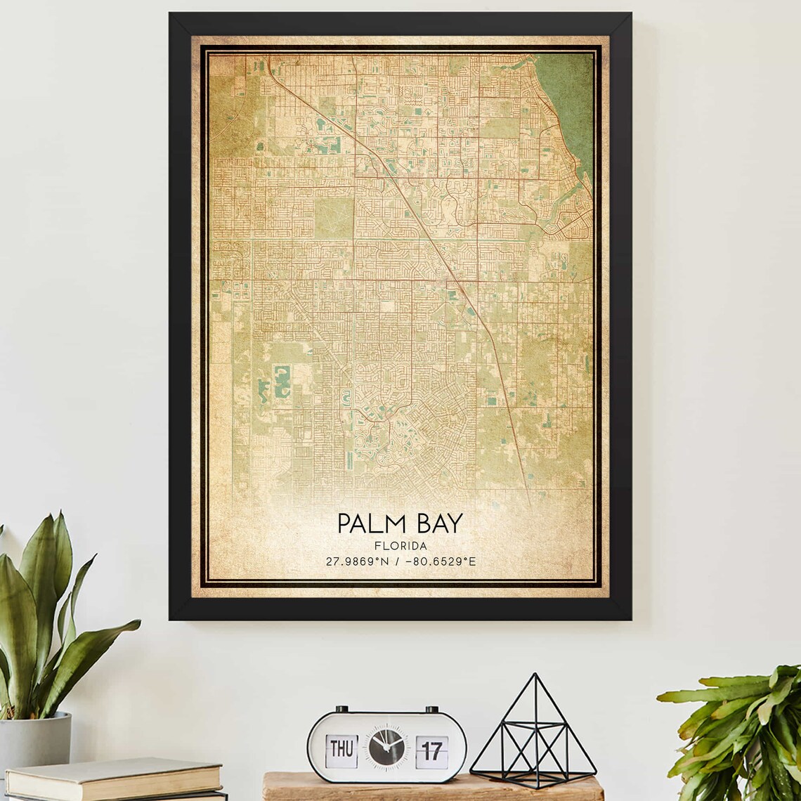 Vintage Palm Bay Florida City Street Map Poster With Coordinates