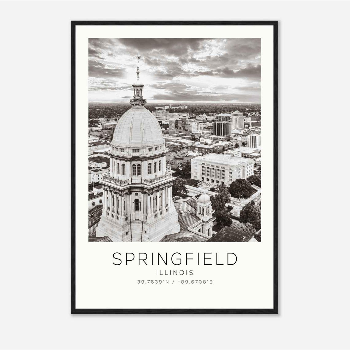 Springfield Illinois Capitol Dome Aerial Black White Photo Poster