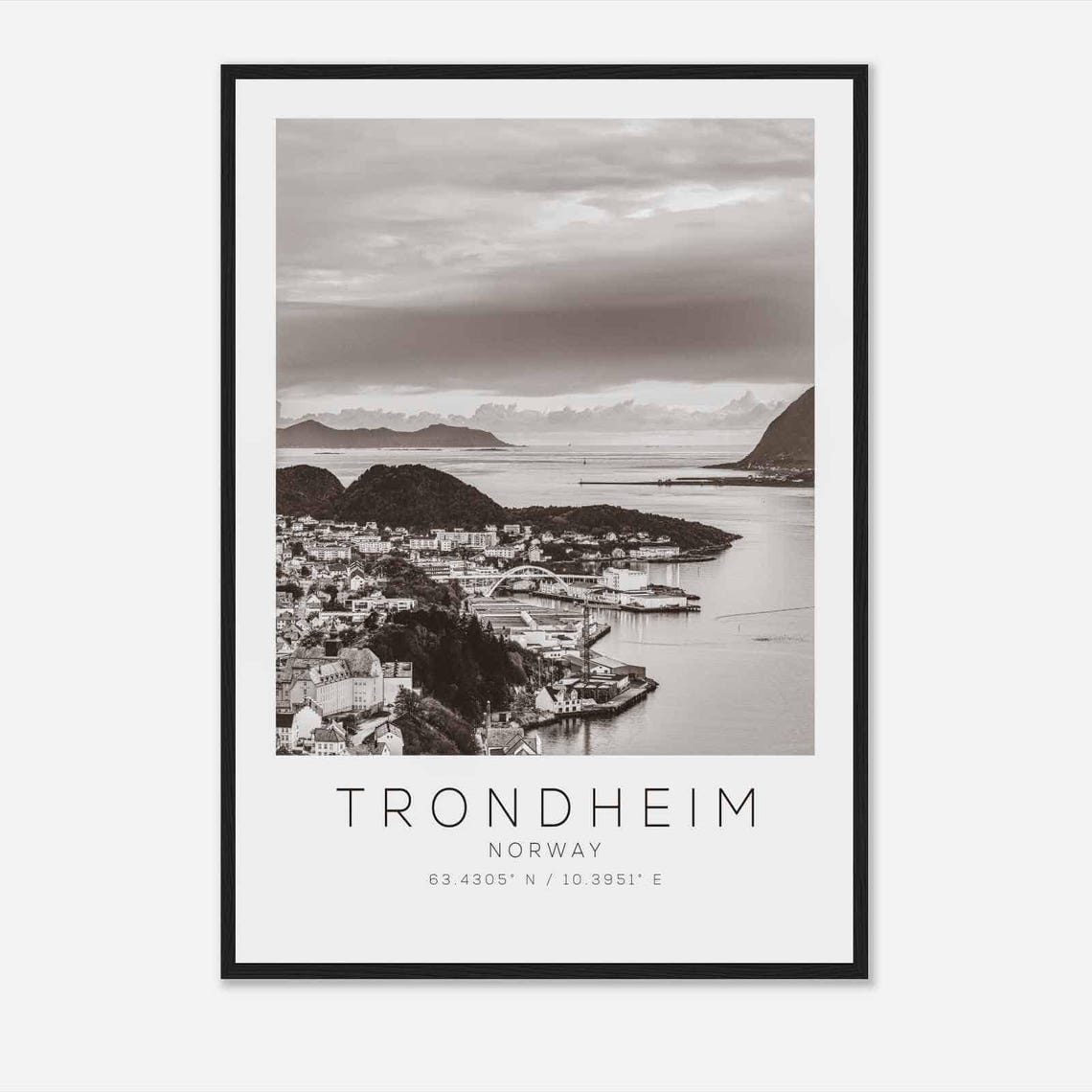Trondheim Norway Harbor Town Fjord Aerial Black White Poster