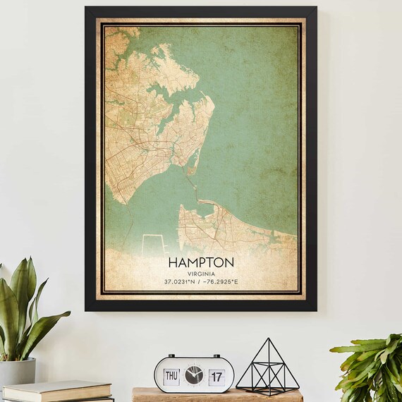 Hampton Virginia Vintage City Map Poster In Teal And Cream Tones