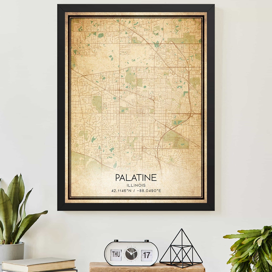 Vintage Palatine Illinois City Street Map Poster With Coordinates