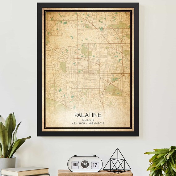 Vintage Palatine Illinois City Street Map Poster With Coordinates